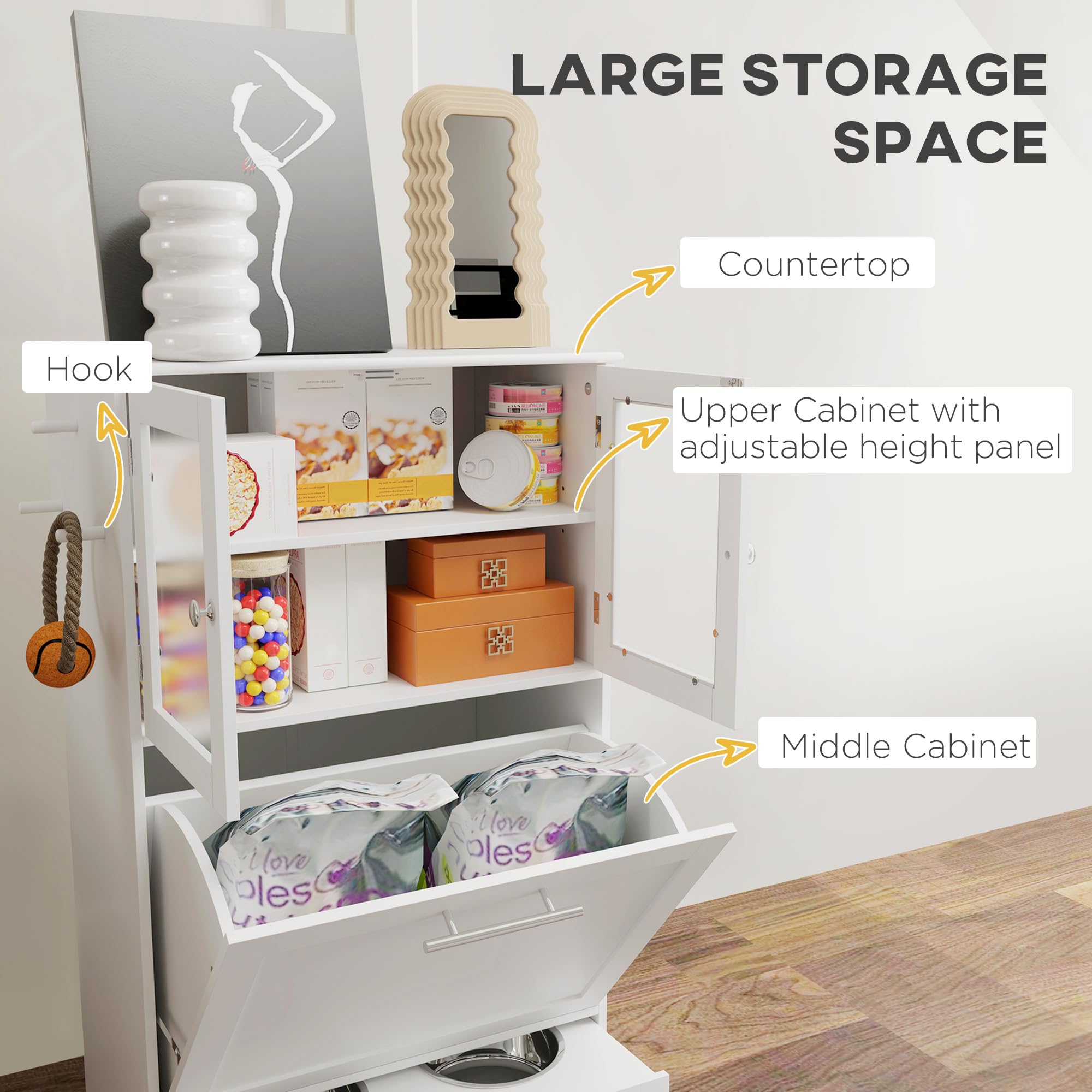 PawHut Dog Feeding Station, 2 Storage Cabinets, Elevated Dog Bowls, White