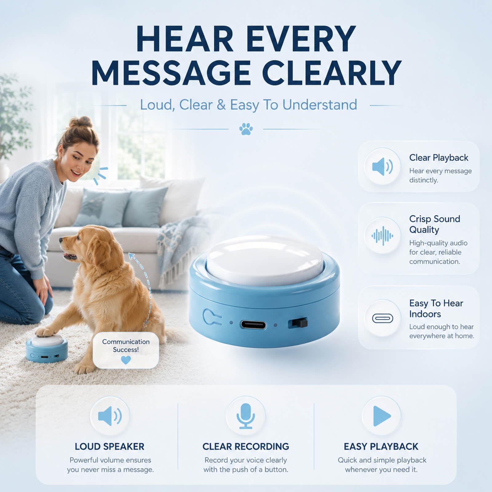 Rechargeable Pet Communication Buttons with Voice Recording