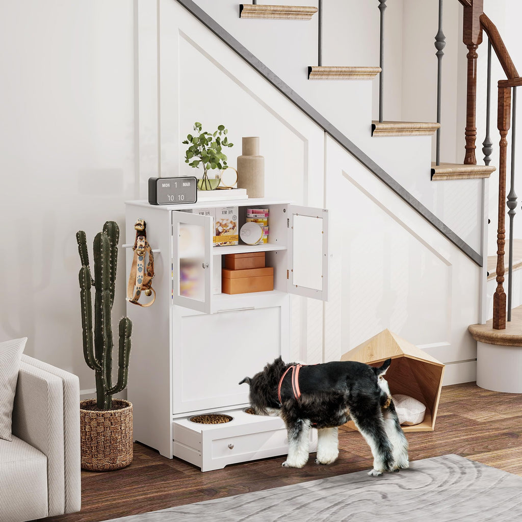 PawHut Dog Feeding Station, 2 Storage Cabinets, Elevated Dog Bowls, White