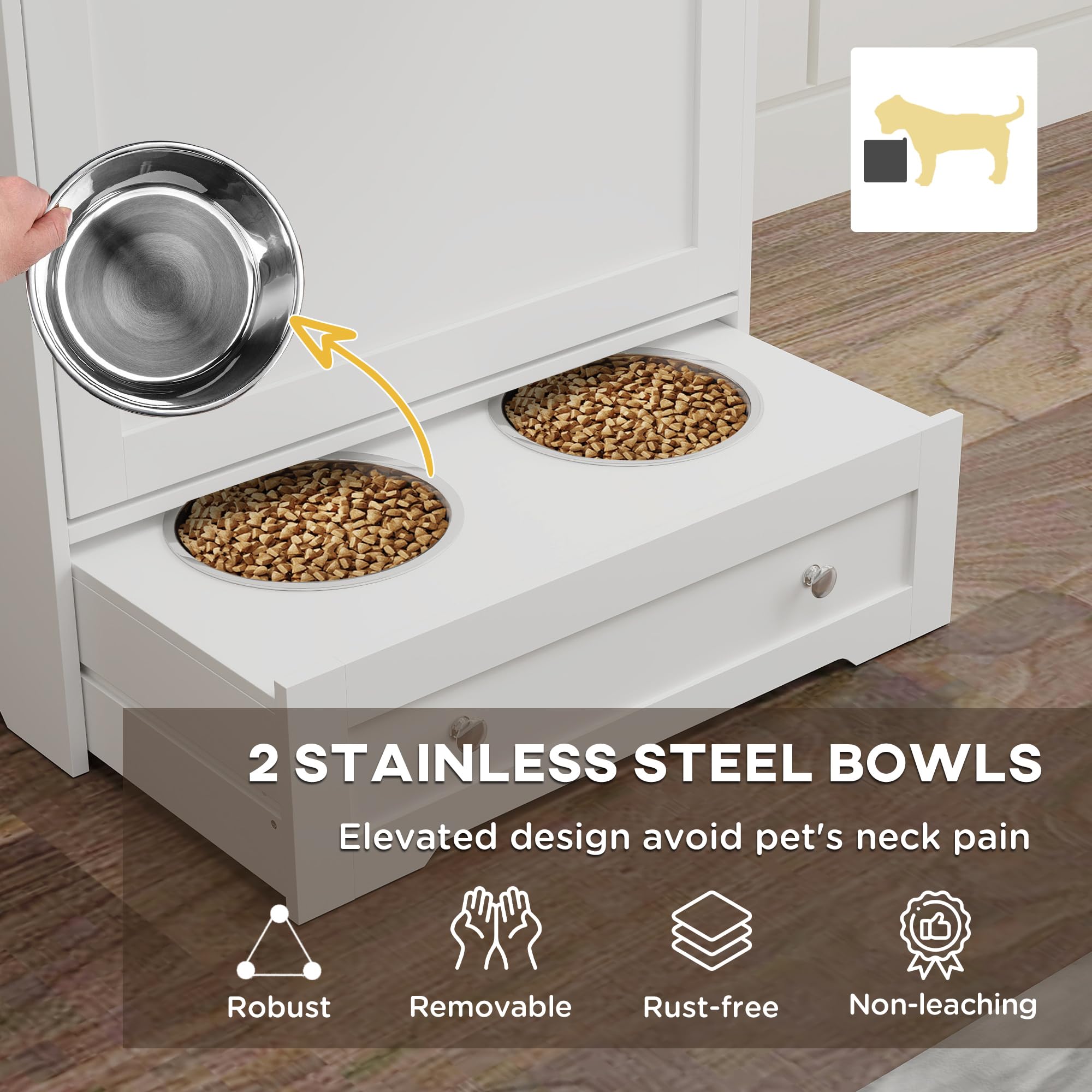 PawHut Dog Feeding Station, 2 Storage Cabinets, Elevated Dog Bowls, White