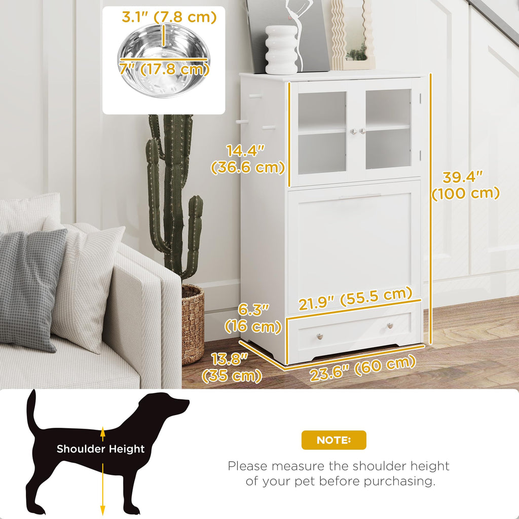 PawHut Dog Feeding Station, 2 Storage Cabinets, Elevated Dog Bowls, White