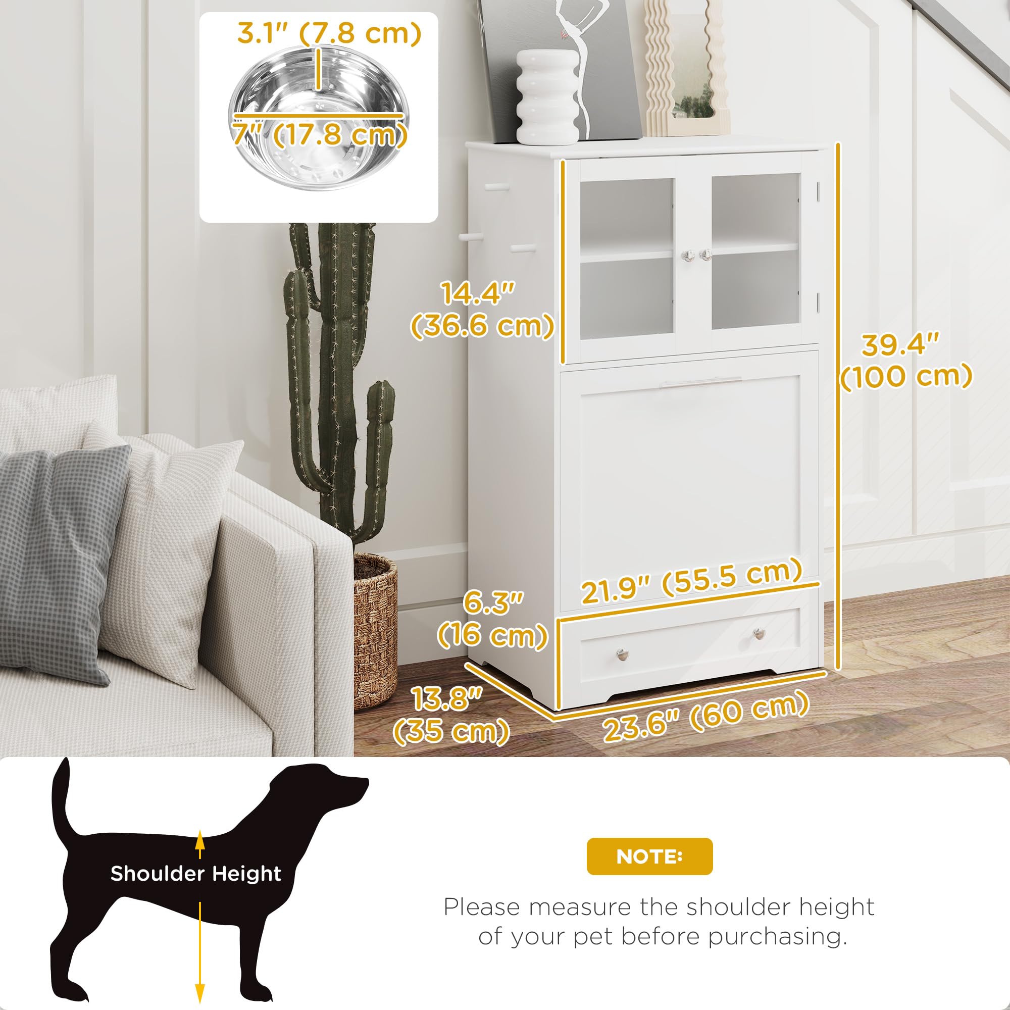 PawHut Dog Feeding Station, 2 Storage Cabinets, Elevated Dog Bowls, White